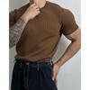 Suéter fino de verano con cuello redondo y manga corta para hombre, corte ajustado, elástico, moderno, diseño combinable, camiseta de media manga con rayas verticales