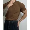 Verão fino pescoço redondo manga curta suéter masculino slim fit esticar moderno versátil design vertical listrado meia manga t-shirt