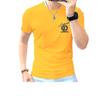 Camisa de verano con estampado de diamantes de imitación para hombre, cuello redondo, corte entallado, informal, de algodón de seda, moderna, con letras, manga corta
