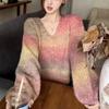 Suéter de cuello en V corto estilo holgado de color contrastante para mujer, ropa exterior de otoño e invierno, suéter suave y glutinoso suelto de alta calidad que combina con todo.