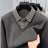 Suéter Masculino Falso Duas Peças Estilo Pai Transfronteiriço Outono e Inverno Novo Casual de Negócios Camisa Camada Base de Tricô Espessada Quente Masculino