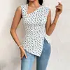 Regata floral sem mangas estilo europeu e americano para mulheres com decote quadrado assimétrico, acinturada, fenda lateral, top slim