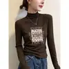 2026 Nueva Camiseta de Manga Larga para Mujer con Cuello Medio Alto de Otoño, Top Básico Grueso Adelgazante Casual para el Día a Día con Mangas Ranglán
