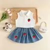 Conjunto de verano para chicas europeas y americanas: playera polo con bordado de fresas, shorts de mezclilla y un estilo fresco y lindo - ropa para bebé y niños al por mayor