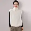 Chaleco sin mangas de cuello alto para mujer, mezcla de lana, cachemir y seda, color liso, abotonado, cepillado, estilo cárdigan, para capas