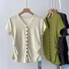 Camiseta de Algodón Tencel 2026 con Pliegues Laterales en la Cintura Adelgazante, Cuello en V, Botones para Mujer, Estilo Coreano de Verano, Hombro Normal, Corte Delgado, Top Elástico