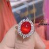 Anel de Calcedônia Vermelha Grande Jade Rosa Hibisco Anel Feminino Banhado a Prata Embutido Gema Azul Safira Anel Aberto de Ágata da Moda