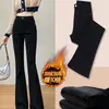 Pantalones acampanados forrados de forro polar para mujer, otoño e invierno 2024, nuevas explosiones, cintura alta, ajustados, gruesos, negros, micro-jeans de invierno