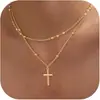 Collar en Capas con Colgante de Cruz Estilo Europeo y Americano Chapado en Oro de 18 Quilates para Mujer, Joyería Simple y Versátil para la Clavícula, Moda para el Trabajo