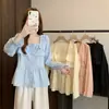 66635 Foto real, precio real Blusa francesa de cuello cuadrado con volantes para mujer, diseño único, top elegante de manga larga