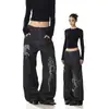 Calça jeans de cor original com bordado e estampa de cavalo vermelho estilo retrô americano, unissex, nova coleção de outono, modelagem solta, casual, perna reta, perna larga