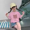 2404# Camiseta de Oso para Niña Verano Algodón Estampado de Oso de Dibujos Animados Estampado Versátil Top de Verano de Manga Corta para Niños