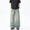 Jeans largo estilo americano para uso diário, com lavagem e aspecto desgastado, perna reta solta, vintage, desgastado, calça comprida workwear para atacado