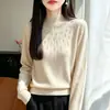 Suéter de punto grueso con cuello alto y adornos de pedrería para mujer, un top de punto lujoso y delicado en color liso con mangas largas, una capa base elegante y con estilo