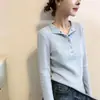 Top de punto azul con cuello medio abierto y manga larga para mujer, diseño de principios de otoño, corte ajustado, suave y seductor, adecuado como prenda exterior o como capa base