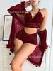Conjunto de Lingerie Sexy de Malha Transparente Estilo Europeu e Americano Transfronteiriço, Pijama Sexy para Mulheres, Robe de Renda de Verão Conjunto de Três Peças Atacado