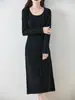 Vestido Tricot Gola V 100% Lã para Mulheres no Outono e Inverno, Vestido Suéter com Efeito Emagrecedor na Cintura, Vestido Longo de Cashmere para Usar por Baixo