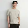 Ot Masculino Estilo Americano Textura de Linho Manga Curta Tricô Masculino Verão Novo Estilo Old Money Listrado Vertical Gola Redonda Camiseta