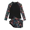 Atacado de moda praia europeia e americana, novo conjunto de comércio exterior, maiô feminino de duas peças estilo boxer com estampa patchwork de manga comprida e camada dupla para vendas transfronteiriças