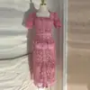 Cinto de vestido de renda oca solúvel em água de bolso gola quadrada fina cintura alta vestido feminino saia de renda de verão feminina