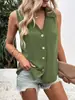 Roupas de Verão Novas Europeias e Americanas Transfronteiriças 2023 para Mulheres, Camisa de Chiffon Lisa com Decote V e Corte Solto, Colete Camisa Sem Mangas com Botão Torcido para Mulheres
