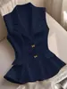 Chaleco con Cuello de Solapa Estilo Europeo y Americano, Ceñido a la Cintura, Color Sólido, Corbata de Moño de Doble Fila, Botones Dorados, Dobladillo Fruncido, Corte Entallado, Chaqueta Chaleco para Viajes