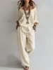 Conjunto de Verano Nuevo Casual Holgado de Lino con Mangas Tres Cuartos + Pantalones de Pierna Ancha para Mujer - Sitio Independiente de Amazon Transfronterizo Europeo y Americano