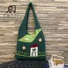 Bolso Tejido Bordado a Mano, Bolso de Lana Tejido a Crochet, Bolso Bandolera Tote de Hombro Tejido de Niña del Bosque para Mujer, Bolso de Compras Tejido