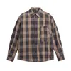 Yidao Vintage 2026 Outono Novo Retro Americano Design de Bolso com Patch Casual Oversized Manga Longa Camisa Xadrez