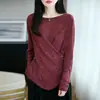 Otoño Temprano 2025 Nuevo Punto de Lino Cuello Redondo Manga Larga para Mujer Diseño de Puntos de Colores Cruzados Camiseta Interior Superior