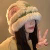 Gorro de pescador de piel de conejo colorido para mujer, gorro de lana tejido a mano para otoño e invierno, gorro de lana cálido, gorro de lana pequeño con cara de oso.