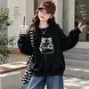 Ropa para Niñas Otoño Invierno Felpa Plus Sudadera con Capucha Estilo Nuevo Estampado de Gato Cuello Redondo Niños Medianos y Grandes Niñas Mono de Terciopelo Top Cálido
