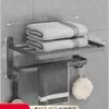 Toallero de Baño Negro, Estante de Almacenamiento de Aluminio Espacial sin Taladro para Montar en Pared, Toallero Plegable Individual
