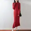 Vestido de Punto de Lana Pura 2026 Otoño/Invierno Nuevo Cuello Redondo Medio Alto Manga Larga para Mujer Dobladillo Retorcido Vestido Largo