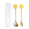 Cuchara y tenedor de acero inoxidable portátil para niños, con bonitos dibujos animados, dorados, para café, fruta, postre, caja de regalo