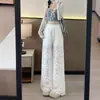 Pantalones de pierna ancha con cintura de encaje blanco Verano para mujer Caída 2026 Nuevos Pantalones rectos adelgazantes de cintura alta Pantalones casuales largos hasta el suelo