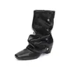 Aumento de altura interno~Pantalón plisado de nicho botas cortas para mujer nuevo remache punta cuadrada sin cordones diseño de botas de tacón grueso botas de estilo occidental