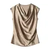 Satén de Seda 2026 Primavera/Verano Nuevo Estilo Corto para Mujer Estilo Francés Cuello Drapeado Suave Como la Seda Elegante Camiseta Top Simple de Manga Corta