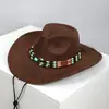 Estilo Étnico Sombrero de Vaquero Occidental Retro Protección Solar al Aire Libre Sombrero Transfronterizo con Cuentas Sombrero de Gamuza de Ala Ancha para Mujer