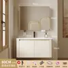 Set de baño para uso doméstico estilo crema con esquinas redondeadas, lavabo integrado de cerámica, lavabo y tocador de aluminio espacial para baño