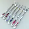 Cuchara y tenedor florales de fruta con mango de cerámica creativa, cuchara de postre de acero inoxidable 410, cuchara para remover café, cuchara y tenedor para el té de la tarde