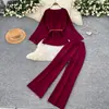 Conjunto de punto estilo perezoso con cintura de amarre y pantalones de pierna ancha para mujer, adelgazante de otoño, conjunto informal holgado de dos piezas para el trabajo