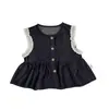 Conjunto Jeans Macio Estilo Coreano Primavera/Outono para Bebê Menina com Renda Vazada Sem Mangas Calça de Perna Larga Conjunto de Duas Peças