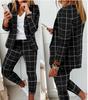 Nuevo traje informal de cuadros escoceses para mujer europea y americana de 2024, ajustado, con solapa y pantalones con cordones.