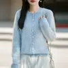 Cardigan Feminino de Lã Escovada 2026 Outono/Inverno Novo Mistura de Lã Cashmere Gola Redonda Suéter de Tricô Manga Longa Cor Sólida