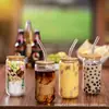 Taza de Vidrio Mason de Alto Borosilicato para Refresco tipo Cola con Popote, Taza para Jugo con Tapa de Madera, Taza Resistente a Altas Temperaturas Regalo Festivo