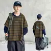 Moletom Masculino Listrado Falso Duas Peças para Primavera e Outono, Camiseta Casual Tendência com Gola Redonda e Manga Longa para Crianças Maiores, Top Casual da Moda para Outono