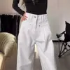 Calça Jeans Branca Reta de Cintura Alta para Mulheres, Tamanho Grande, Outono e Inverno, com Design Plissado, Caimento Fluido, Solta, Calça Wide Leg Emagrecedora