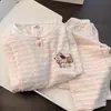 Pijama Rayado de Dibujos Animados para Mujer Set de Manga Larga Primavera y Otoño Estilo Coreano Dulce Algodón Nube Ropa de Casa Venta al por Mayor Transfronteriza