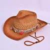 Chapéu de Cowboy Ocidental Transfronteiriço Europeu e Americano para Mulheres, Viseira de Palha Proteção Solar Estilo Boêmio, Chapéu de Palha Pequeno Tecido à Mão que Mostra o Rosto